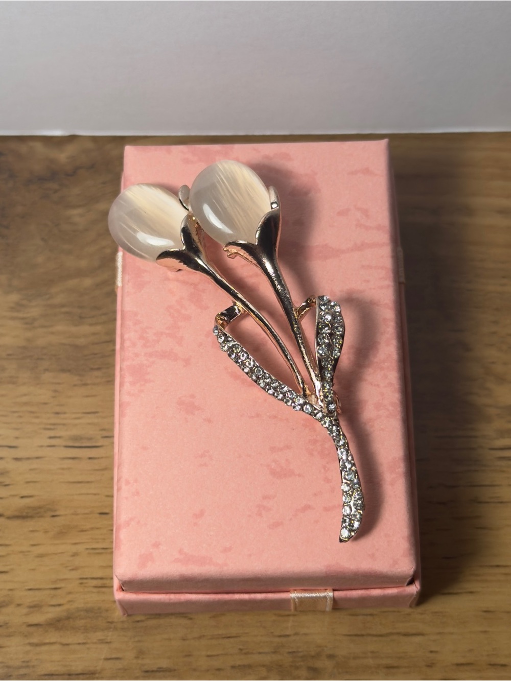 Elegant Pink Opal Flower Brooch with Crystal Accents & Pink Gift Box